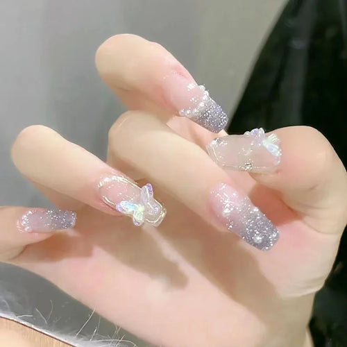  24 Pcs Long Press On Nails with Pink Rhinestones cashymart