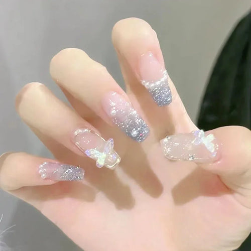  24 Pcs Long Press On Nails with Pink Rhinestones cashymart