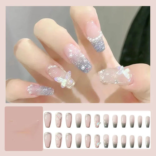  24 Pcs Long Press On Nails with Pink Rhinestones cashymart