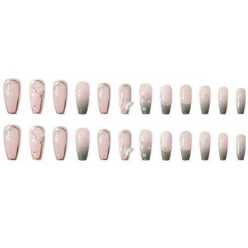  24 Pcs Long Press On Nails with Pink Rhinestones cashymart