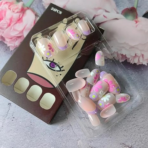  24 Pcs Pink Floral French Tip Press-On Nails cashymart