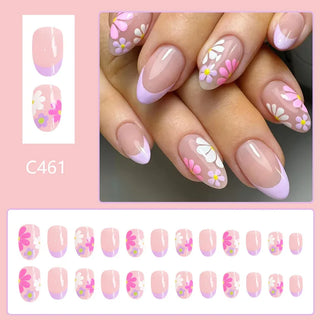  24 Pcs Pink Floral French Tip Press-On Nails cashymart