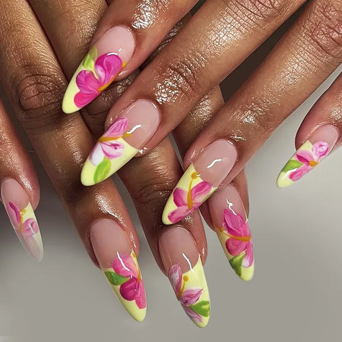  24 Pcs Pink Floral French Tip Press-On Nails cashymart