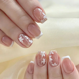  24 Pcs Pink Floral French Tip Press-On Nails cashymart