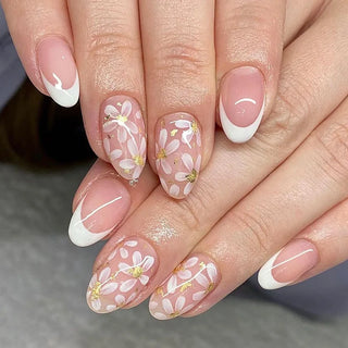  24 Pcs Pink Floral French Tip Press-On Nails cashymart