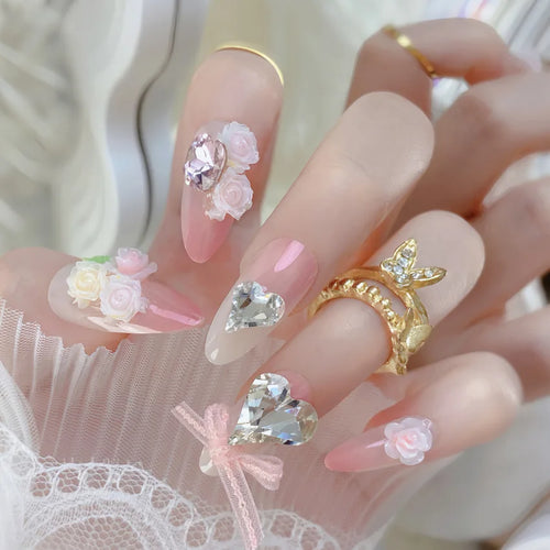  24 Pcs Pink Floral French Tip Press-On Nails cashymart