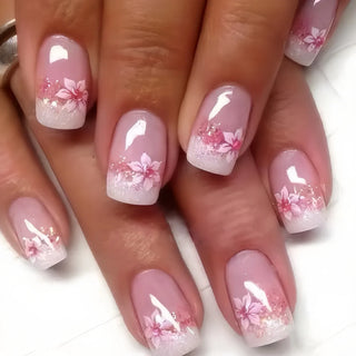  24 Pcs Pink Floral French Tip Press-On Nails cashymart