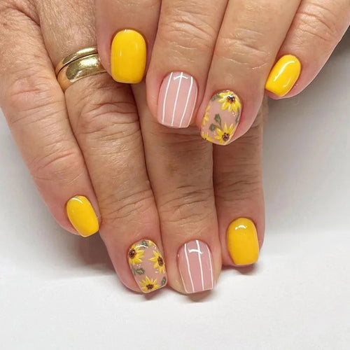  24PCS Summer Pink and Yellow Press On Nails cashymart