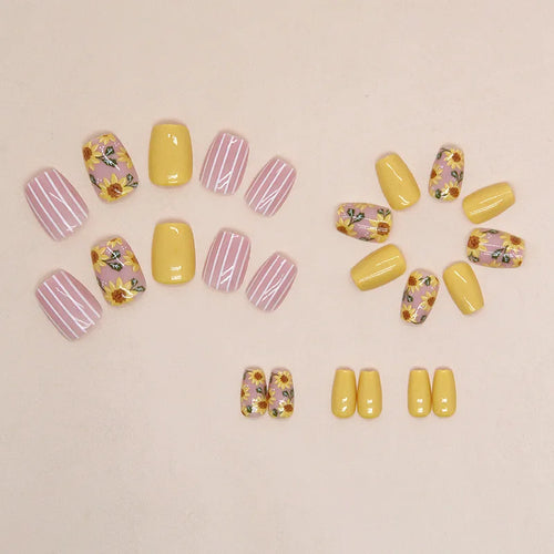  24PCS Summer Pink and Yellow Press On Nails cashymart