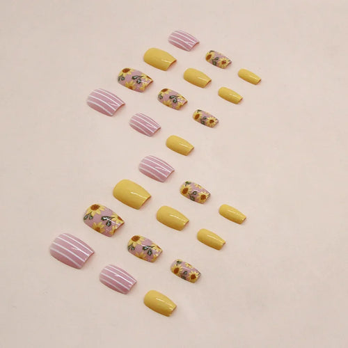  24PCS Summer Pink and Yellow Press On Nails cashymart
