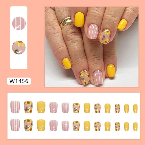  24PCS Summer Pink and Yellow Press On Nails cashymart