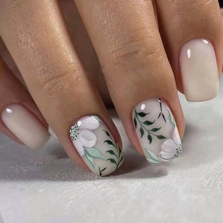  24Pcs Blue Fake Nails With Green Leaves Design cashymart