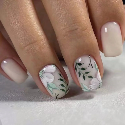  24Pcs Blue Fake Nails With Green Leaves Design cashymart