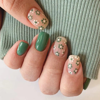  24Pcs Blue Fake Nails With Green Leaves Design cashymart