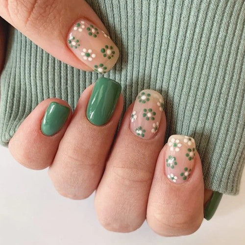  24Pcs Blue Fake Nails With Green Leaves Design cashymart