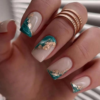  24Pcs Blue Fake Nails With Green Leaves Design cashymart