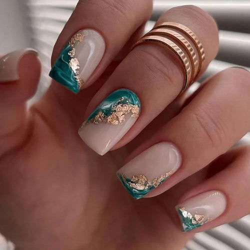  24Pcs Blue Fake Nails With Green Leaves Design cashymart