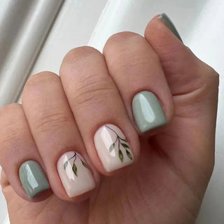  24Pcs Blue Fake Nails With Green Leaves Design cashymart