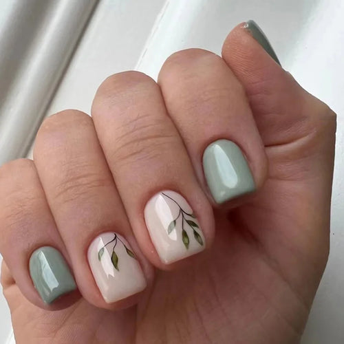  24Pcs Blue Fake Nails With Green Leaves Design cashymart