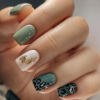  24Pcs Blue Fake Nails With Green Leaves Design cashymart