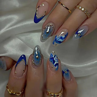  24Pcs Blue French Almond Press On Nails Set cashymart