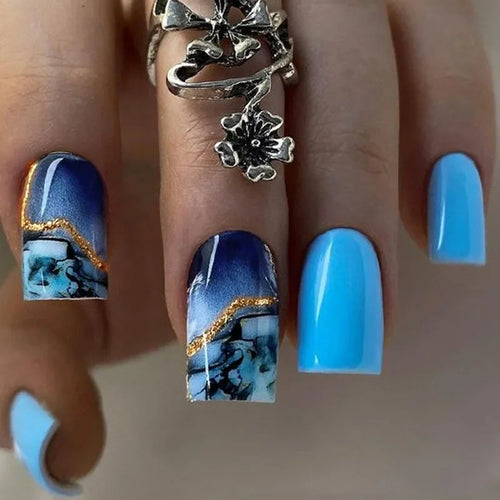  24Pcs Blue Wave Press On Fake Nails Set cashymart