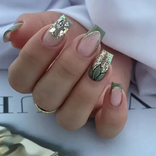  24Pcs Cute Green Square Press On Nails cashymart