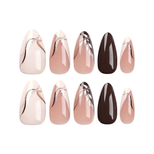  24Pcs Medium Almond Brown Leaf Press-On Nails cashymart