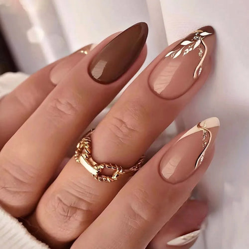  24Pcs Medium Almond Brown Leaf Press-On Nails cashymart