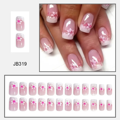  24Pcs Pink Flower Press-On Nails Set cashymart