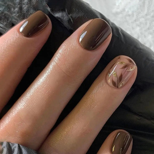  24pcs French Brown Leaf Full Cover Nails cashymart