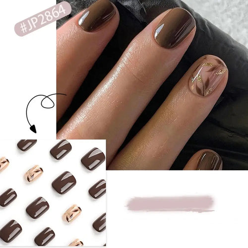  24pcs French Brown Leaf Full Cover Nails cashymart