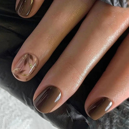  24pcs French Brown Leaf Full Cover Nails cashymart