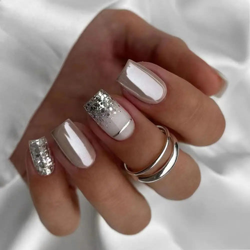  24pcs French Silver Press On Nails Set cashymart