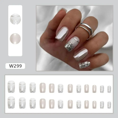  24pcs French Silver Press On Nails Set cashymart
