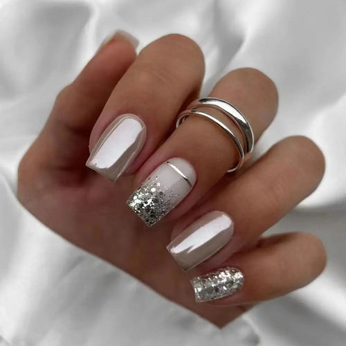  24pcs French Silver Press On Nails Set cashymart
