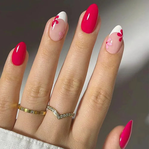  24pcs Rose Red French Flower Press On Nails cashymart