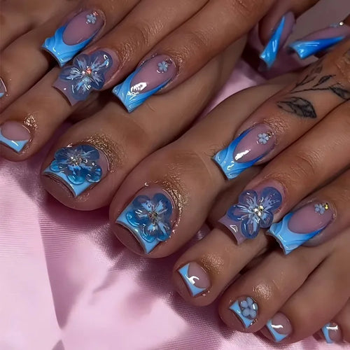  48 Pcs Blue 3D Flower Press On Nails Set cashymart