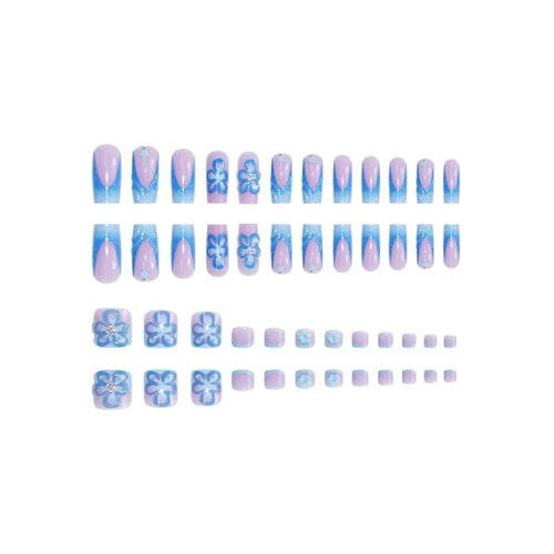  48 Pcs Blue 3D Flower Press On Nails Set cashymart