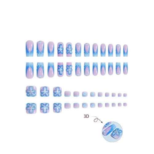  48 Pcs Blue 3D Flower Press On Nails Set cashymart