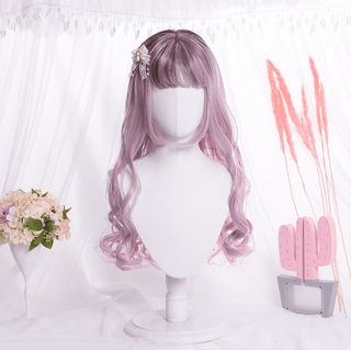  Korean Qi Liuhai Long Curly Hair Pink Wig cashymart