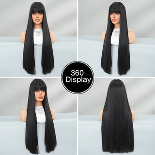  7JHH WIGS Elegant Long Black Straight Wig with Bangs cashymart