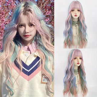  Rainbow Ombre Curly Wig with Bangs cashymart