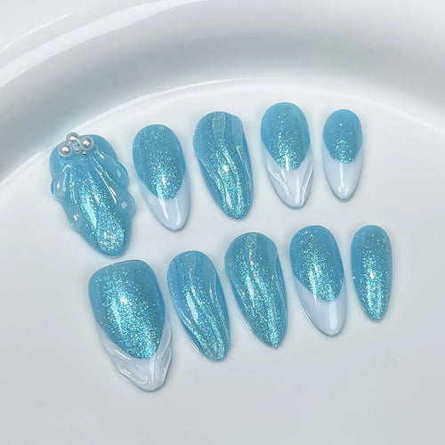  Almond Glitter Bowknot Press-On Nails cashymart