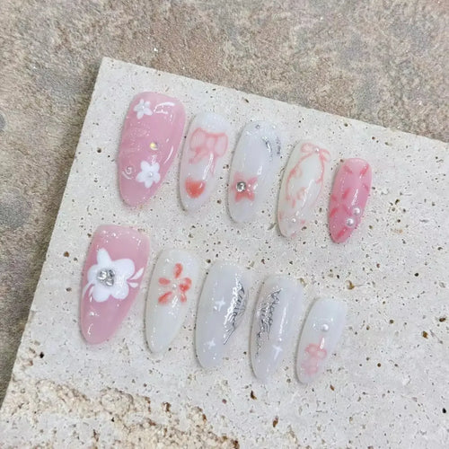 Almond Glitter Bowknot Press-On Nails cashymart