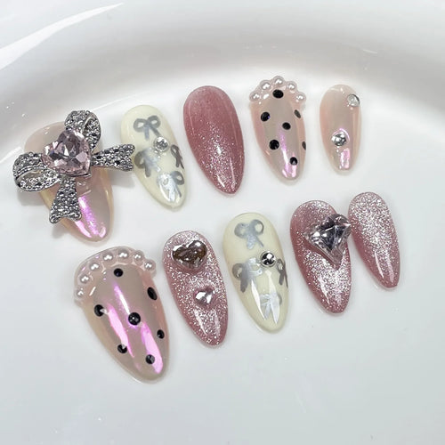  Almond Glitter Bowknot Press-On Nails cashymart