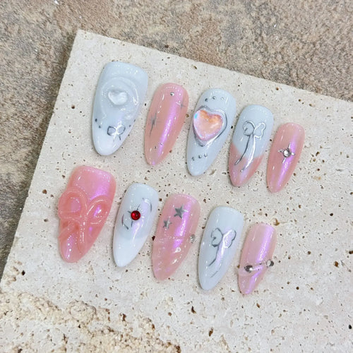  Almond Glitter Bowknot Press-On Nails cashymart