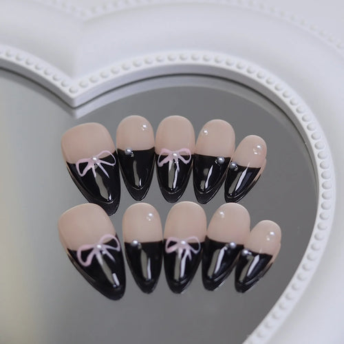  Almond Glitter Bowknot Press-On Nails cashymart