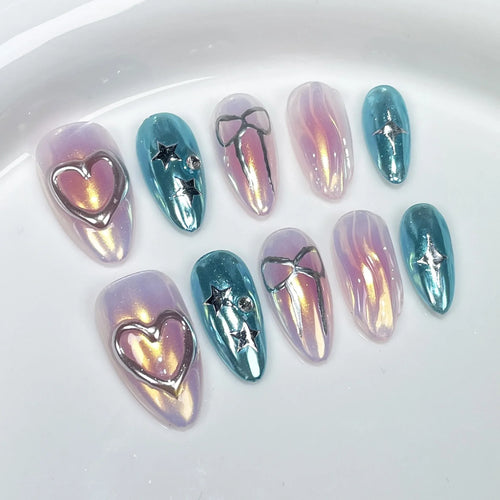  Almond Glitter Bowknot Press-On Nails cashymart