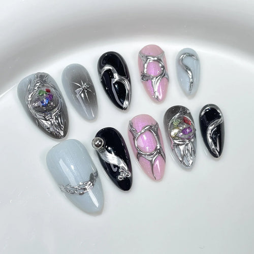  Almond Glitter Bowknot Press-On Nails cashymart
